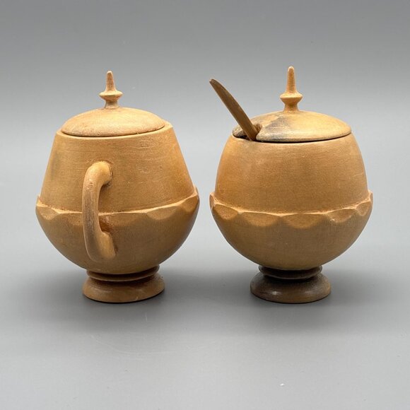 Vintage Wooden Creamer & Sugar Bowl Set with Spoon - Picture 4 of 6